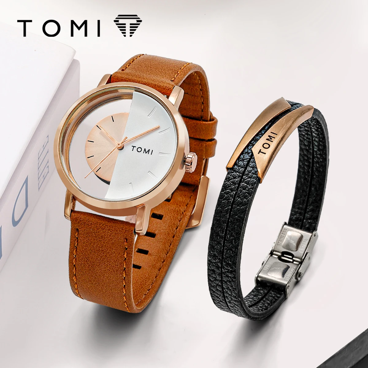 TOMI New 2PCS Men\'s Gift Box Watch Bracelet Minimalist Business Hollow Round dial Men\'s Quartz Watch Bracelet Clock Gift Reloj