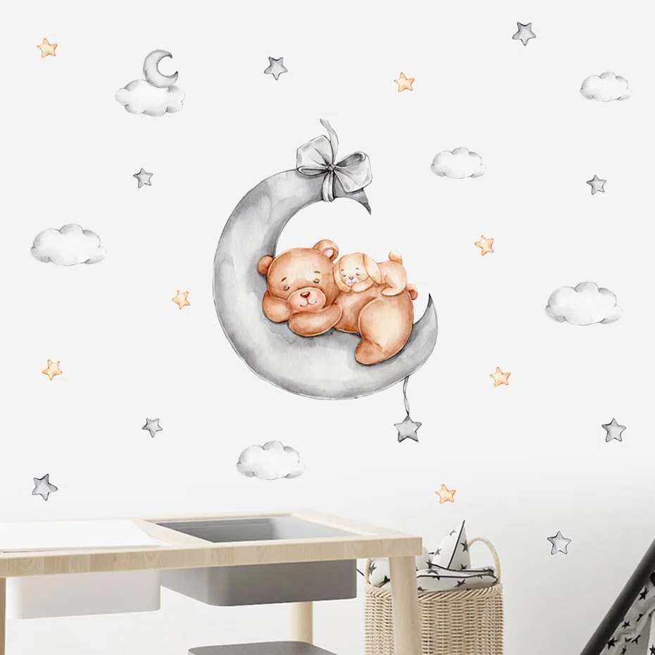 Cartoon Cute Teddy Bear Sleeping on the Moon Star Wartcolor Nursery Vinyl  Wall Stickers for Kids Room Baby Room Home Decoration