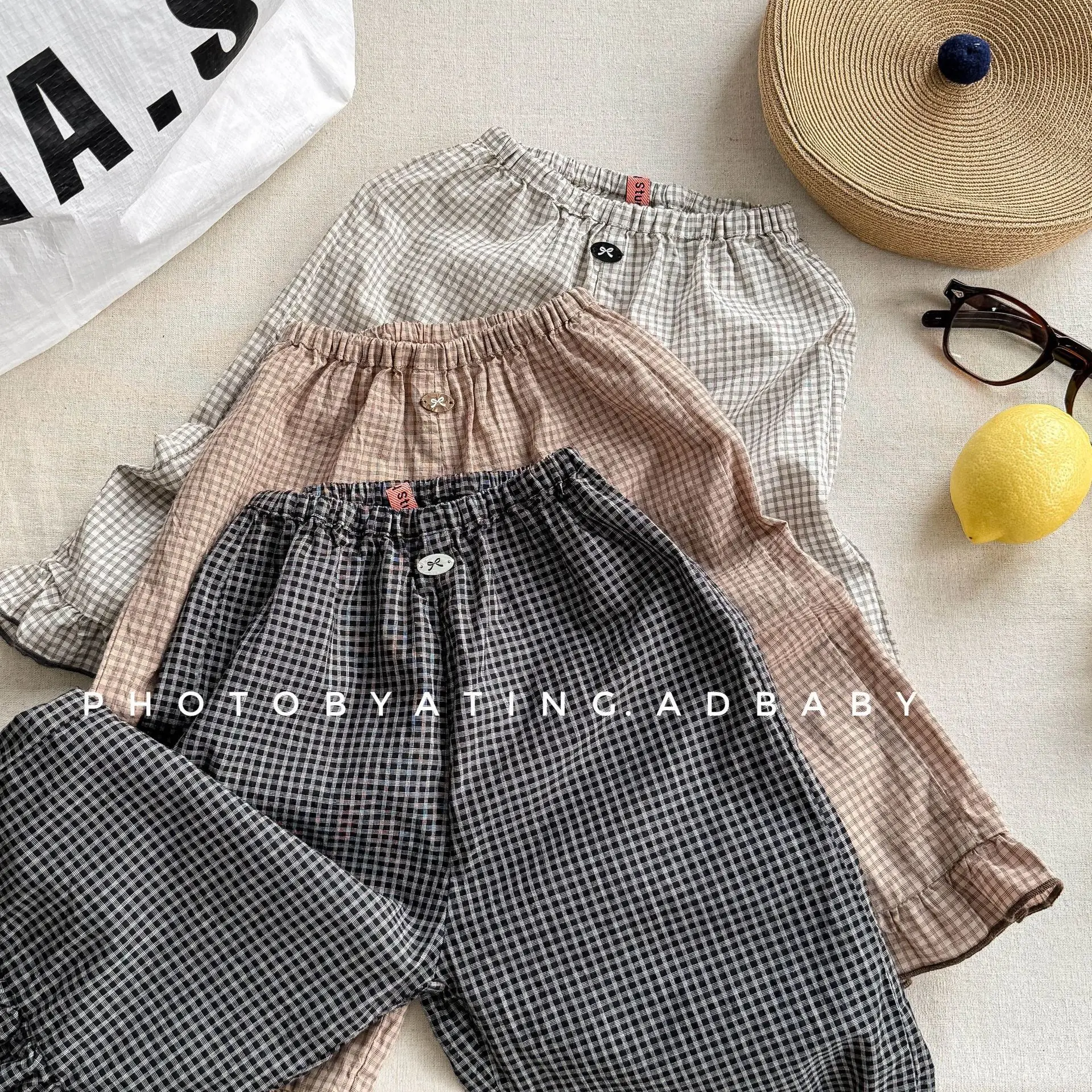 2026 New Summer Baby Girls Plaid Ankle-length Pants Ruffles Thin Korean Style Children Cotton Linen Trousers