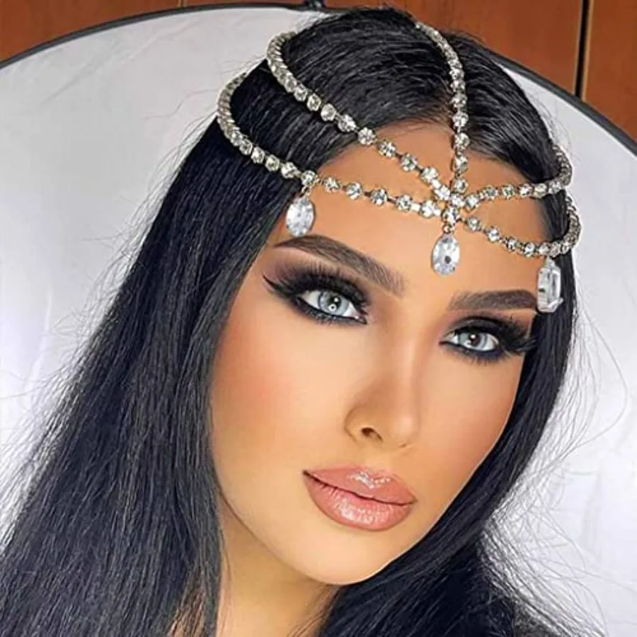 Layered Head Chain Rhinestone Head Jewelry Sparkly Bridal Headpieces Sparkle Crystal Headbands Wedding Prom Hair Jewelry for Wo