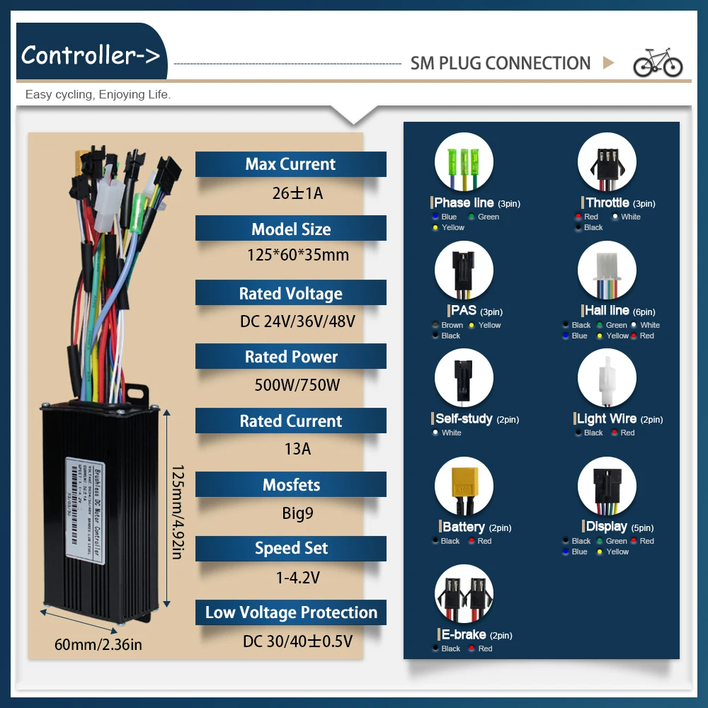 26A Ebike Sinawave Controller 24V/36V/48V Three-Mode Controller with Learning Function JN Color Display Wheel Hub Motor Parts