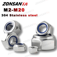 304 Stainless Steel Hex Nylon Lock Nuts M2 M2.5 M3 M4 M5 M6 M8 M10 M12 M14 M16 M20 Hexagon Hex Self-locking Nylock Nut Locknuts.