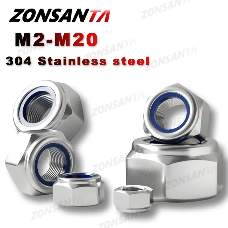 304 Stainless Steel Hex Nylon Lock Nuts M2 M2.5 M3 M4 M5 M6 M8 M10 M12 M14 M16 M20 Hexagon Hex Self-locking Nylock Nut Locknuts.