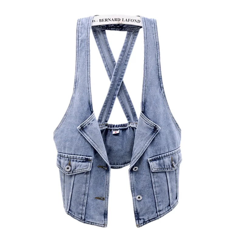 Vintage Blue Sling V Neck Big Pocket Denim Vest Women Waistcoat Cowboy Sleeveless Jacket Slim Short Student Jeans Vests Female