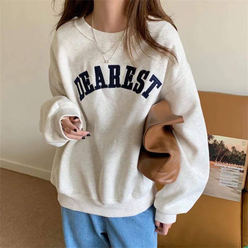 JHJN New Woman Sweatshirts O-Neck Letter Hoodies Long Sleeve Korean Casual Pullovers All-Match Loose Popular Female Tracksuit