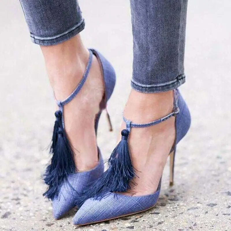 Summer Tassel T-Strap Blue Denim High Heels Sexy Pointed Toe filament Fringe Jeans Pumps Gladiator Party Shoes  for Woman