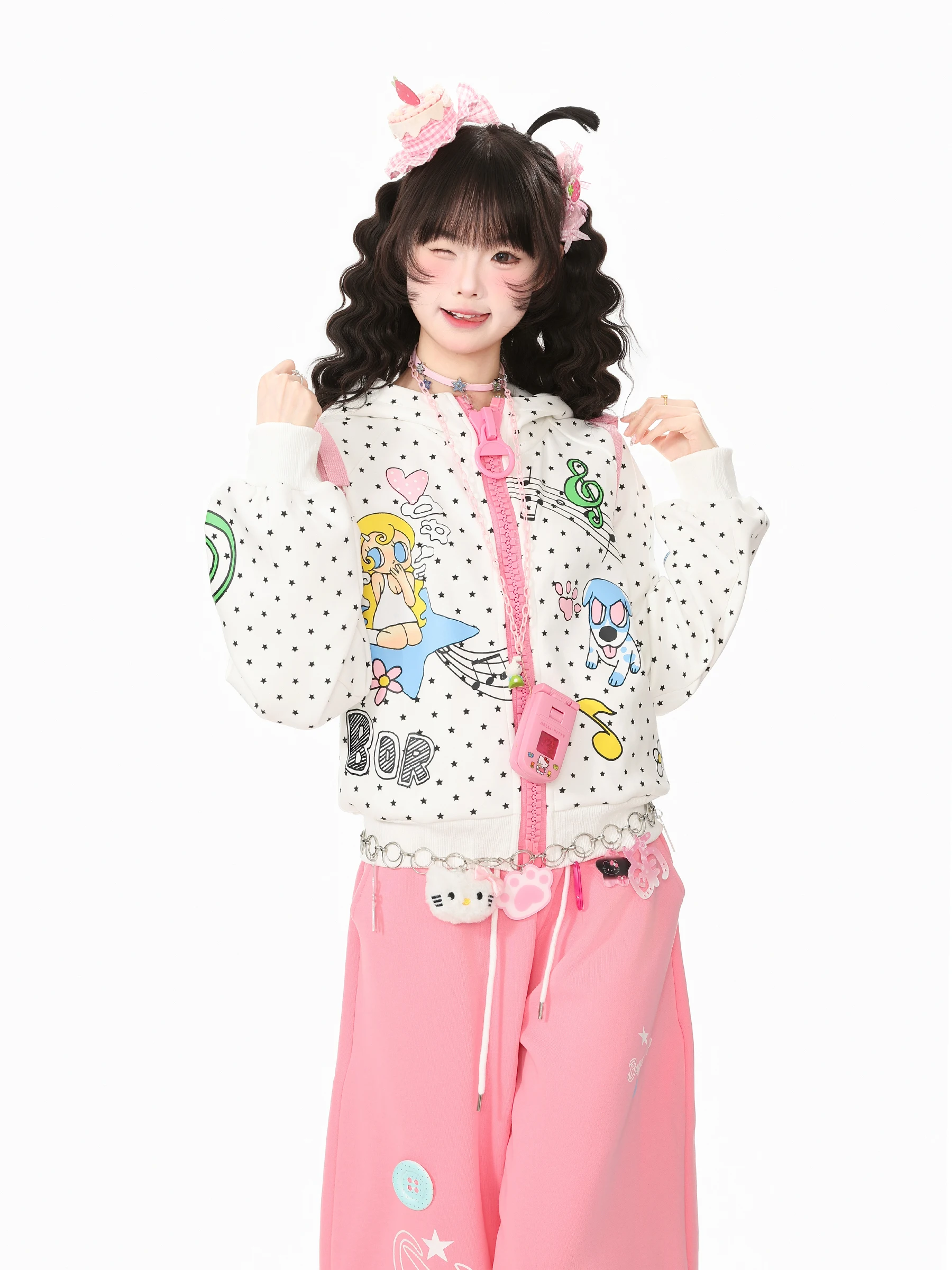 Languid Park Blue Ghost Polka Dot Hooded Jacket Women's Autumn Large Zipper Top Casual Style Standard Version Cotton Blend