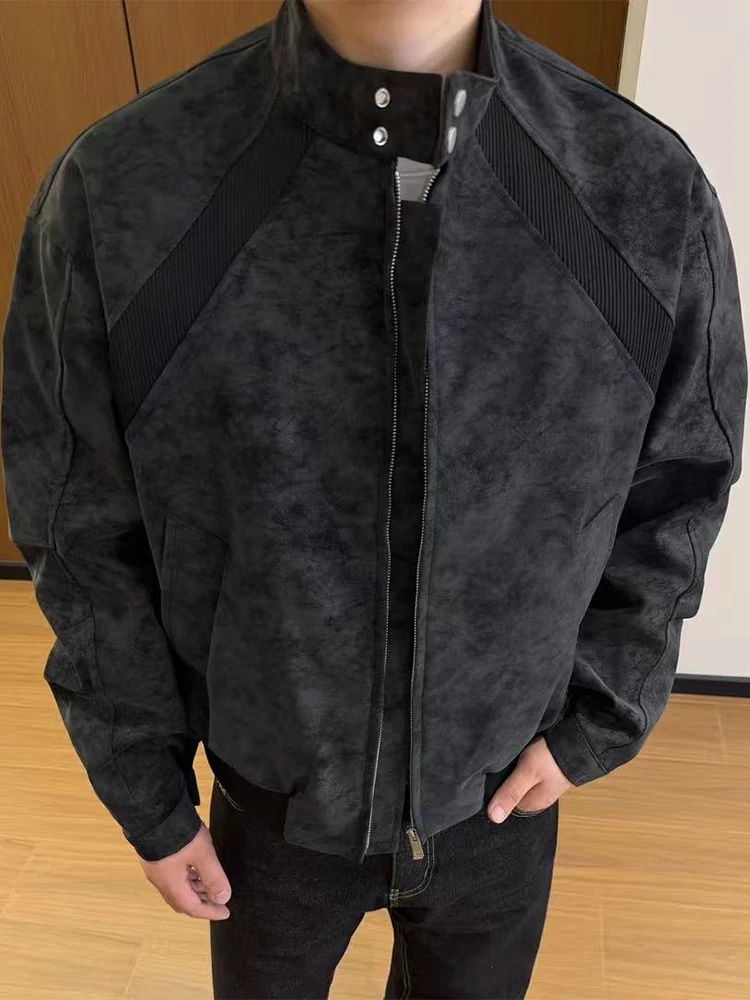 

Retro American Dyed Leather Jacket Men's Short Baseball Style Splice Biker Jacket Cool Handsome Spring PU Leather Coat