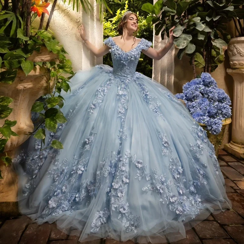 Sky Blue V-Neck Ball Gown Quinceanera Dresses Off The Shoulder Appliques Lace Flowers Vestido De 15 Anos Sweet 16