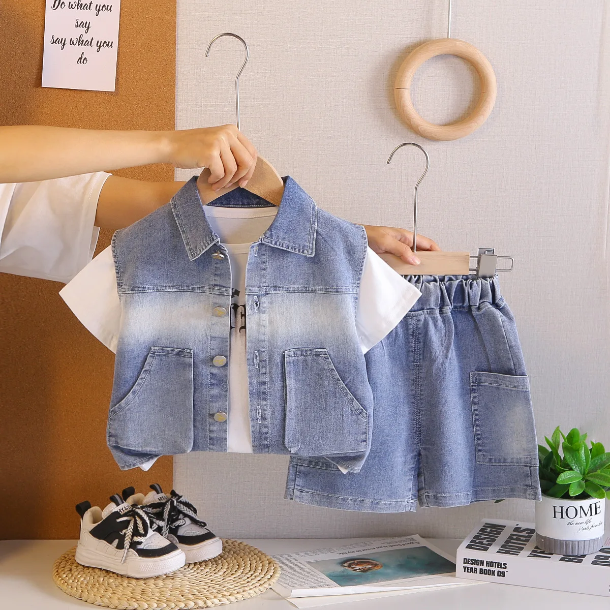 Children's Summer Suit 2026 Korean Fashion Double Pocket Denim Vest + White T-shirts + Shorts Three Piece Set Baby Boys Outfits