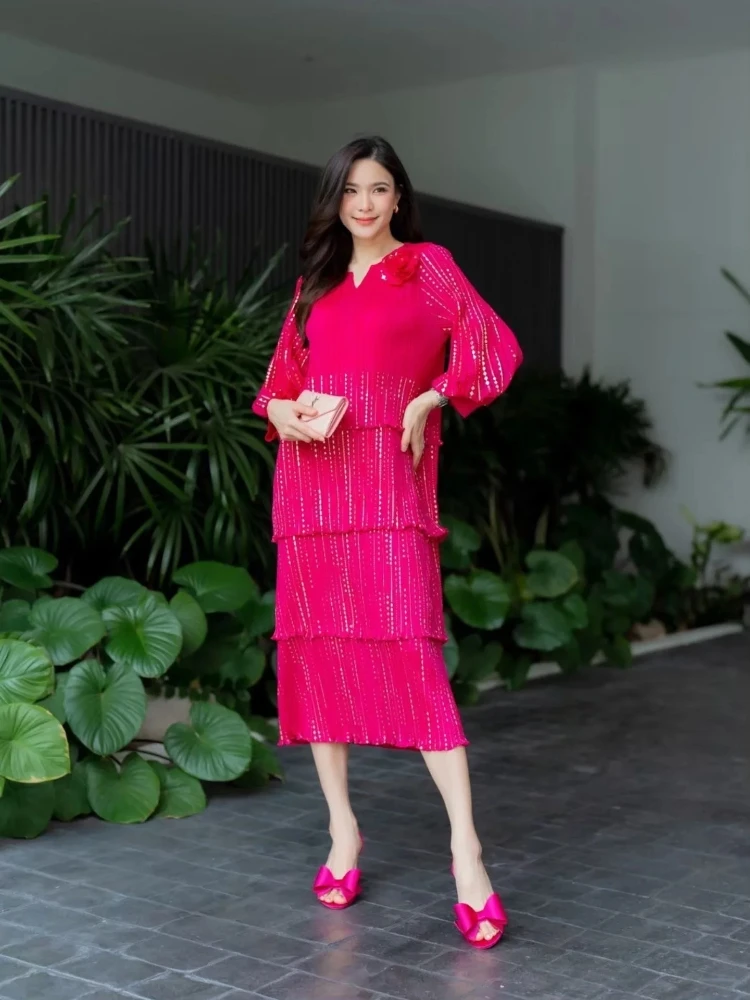 

ANLAN Pleated 3D Flowers Dress Elegant Women Patchwork Full Sleeve O-neck Lace-up New 2025 Female Loose Dresses 2AN5681