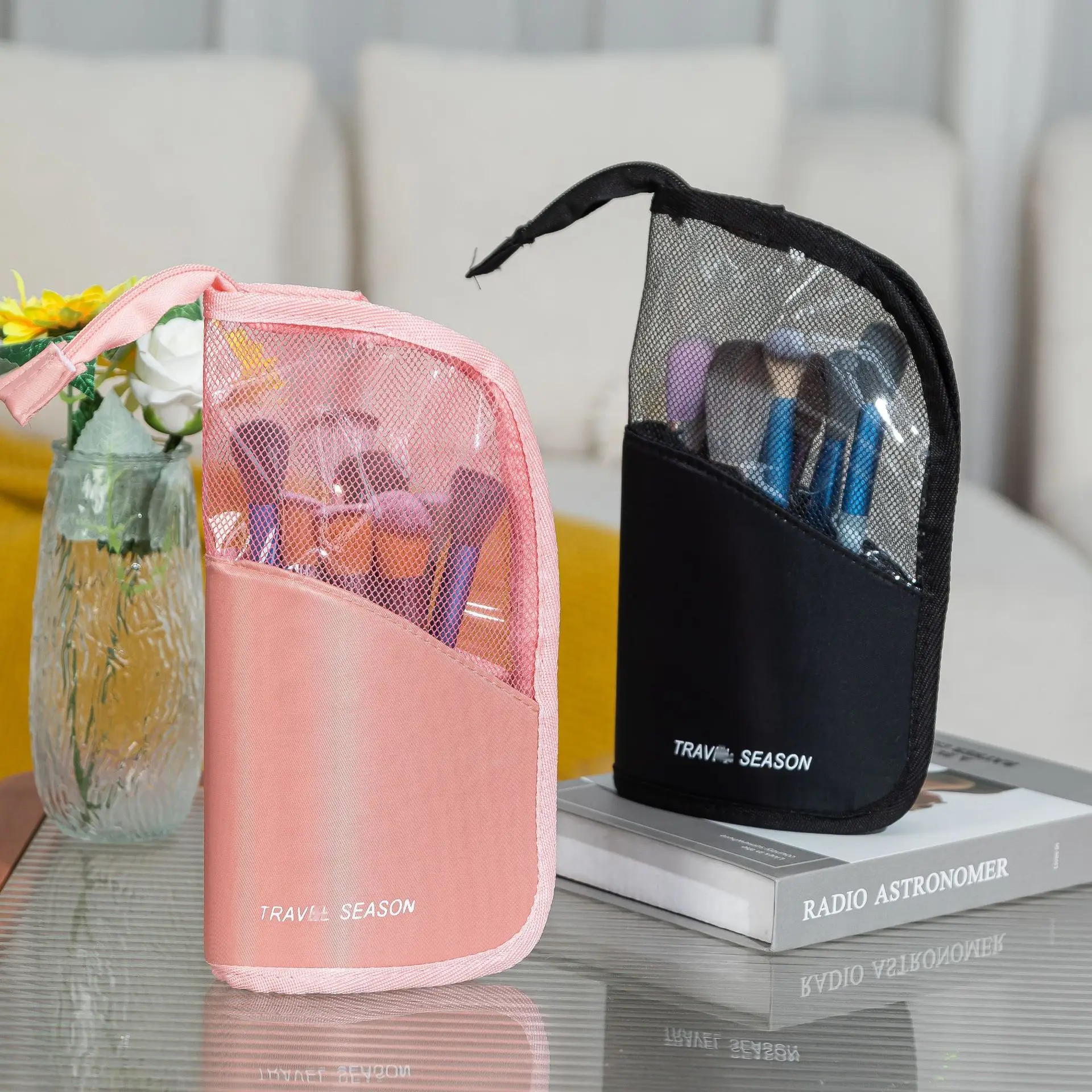 HOMEFISH 1 Stück Stand-Kosmetiktasche für Frauen Transparente Reißverschluss-Make-up-Tasche Reise-Kosmetikpinselhalter Organizer Toilettentasche – Detail 6