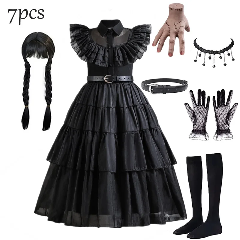 Halloween Wednesday Addam Girl Costume for Kids Girls Fancy Carnival Party Tulle Dress Black Gothic Outfits Children Clothing