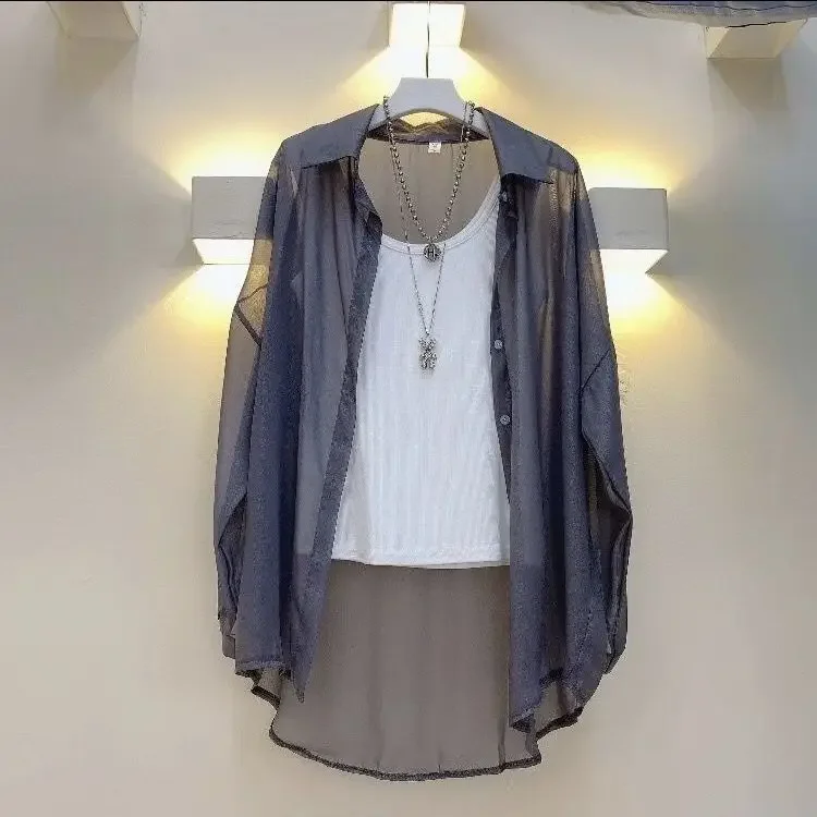 Shiny Pearlescent Chiffon Long-sleeved Sunscreen Shirt Women's Spring and Summer Loose Versatile Shirt Air-conditioning Shirt