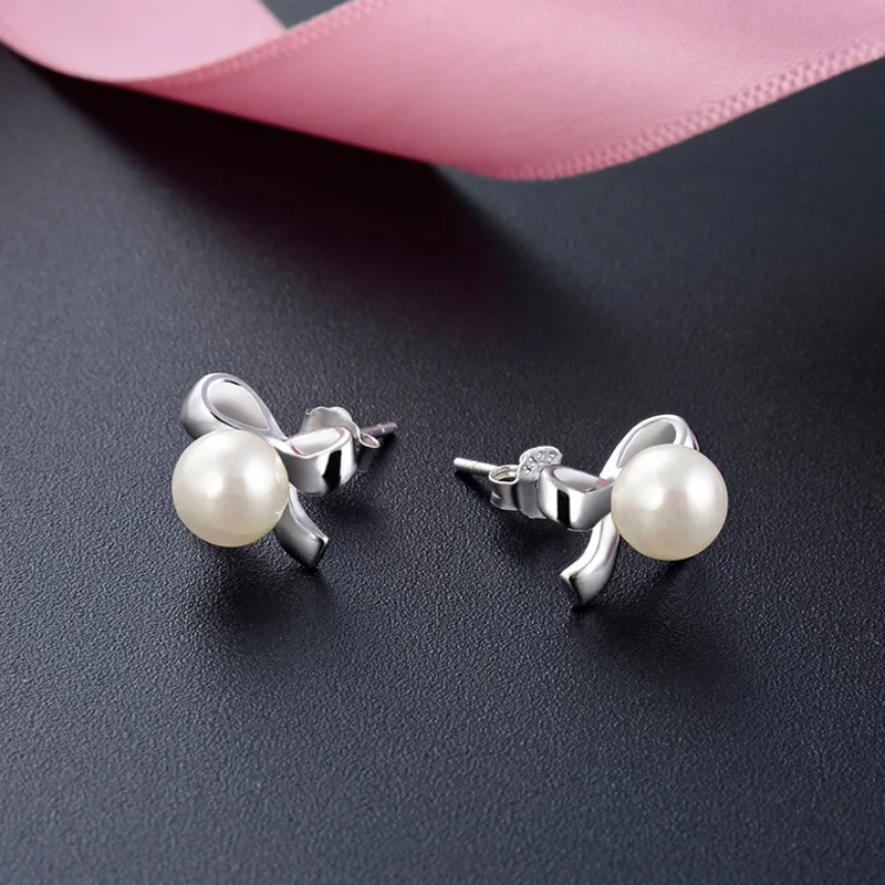 

Bowknot Shape Stud Earrings 925 Sterling Silver Natural Fresh Water Pearl Korean Style Women Female Girl Birthday Gift