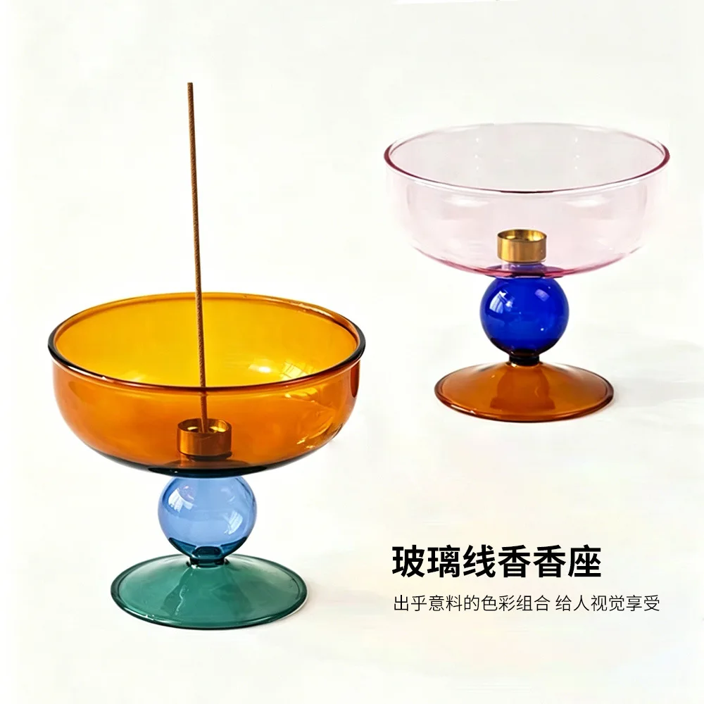 New Chinese Style Color Glass Incense Holder Vintage Simple Line Incense Tray Dual Use Home Decor Ornament Can Be Candle Holder