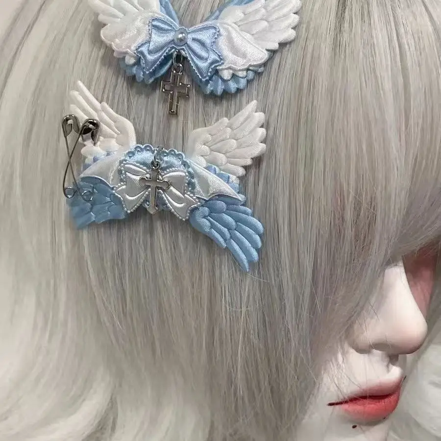 1 Pair Landmine Angel Wing Hairpins White Blue Hair clip Y2K Sweet Lolita Halloween Cosplay Headwear