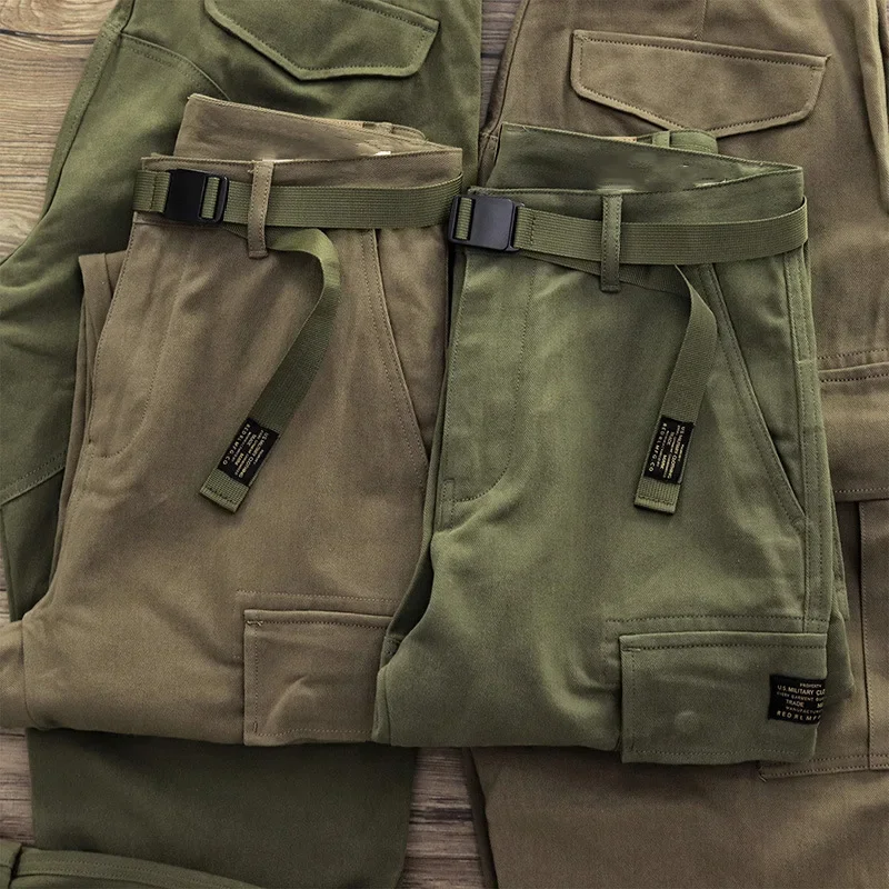 Calça cargo multi-bolsos masculina, calça casual, cor sólida, vintage, perna larga, reta, primavera, outono, 2024