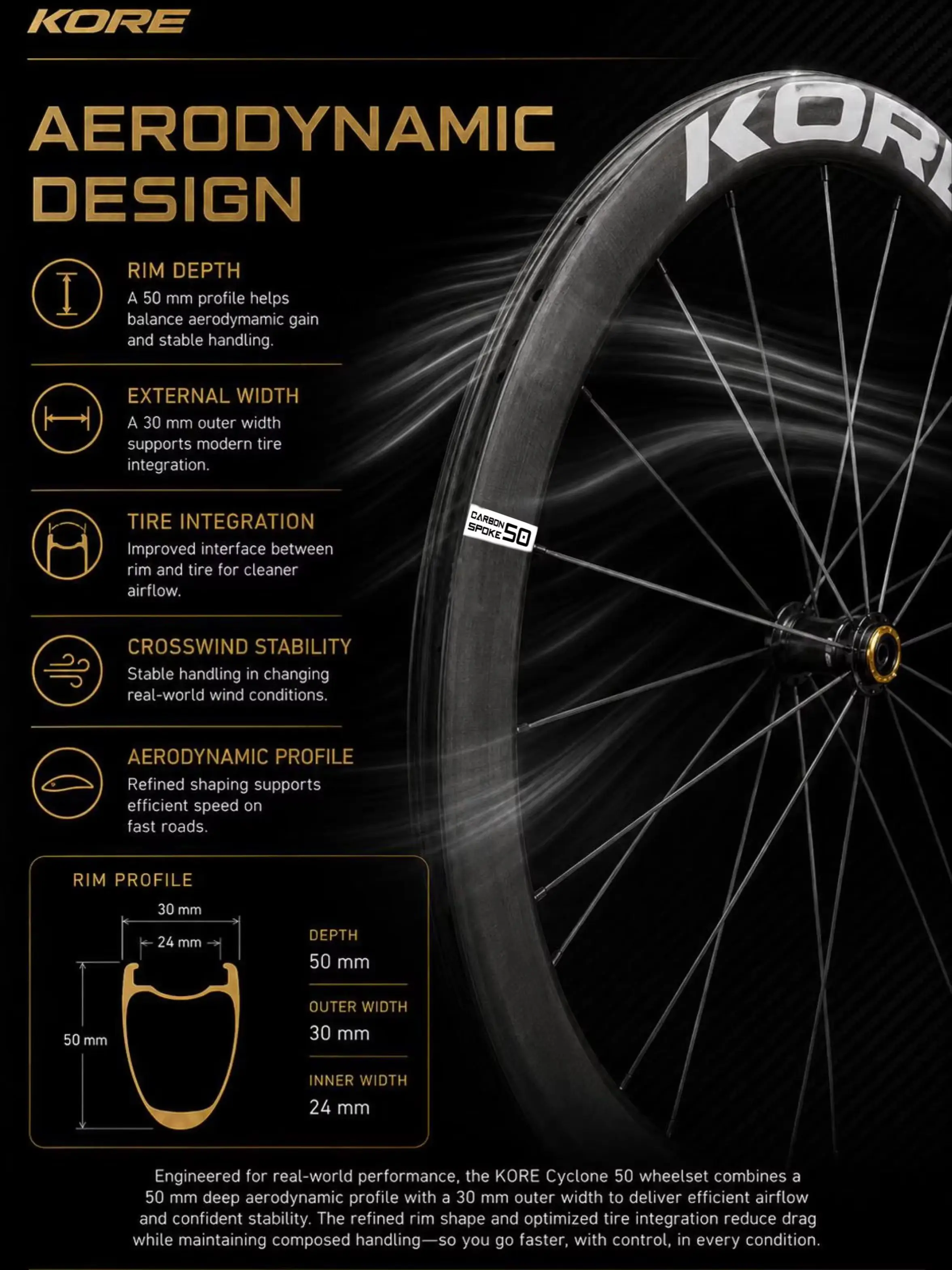 Zestaw kół KORE CYCLONE z karbonowymi szprychami - 50 mm - obręcze karbonowe T1000, piasta z mechanizmem zapadkowym 36T/60T, XDR/HG 700C, zaprojektowany do ultralekkich wyścigów szosowych. — 2