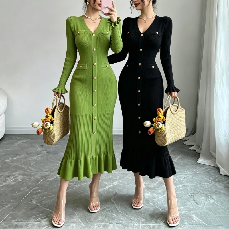 Damen V-Ausschnitt Knopfleisten-Strick-Maxikleid Elastische Langarm-Rüschenmanschette Meerjungfrauen-Saum Schlanke Passform Damen Party Alltagsoutfit