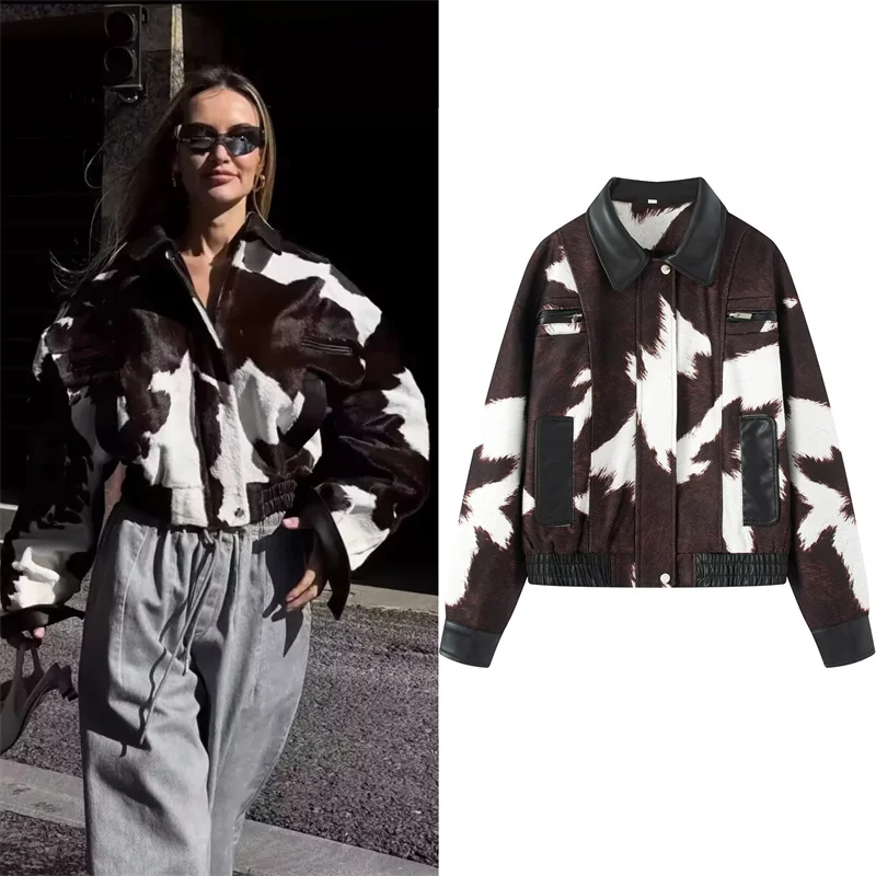 

Women's Jacket 2025 Autumn New Style Red-Brown Cow Pattern Spliced Faux Leather Short Jacket Fashionable and Stylish