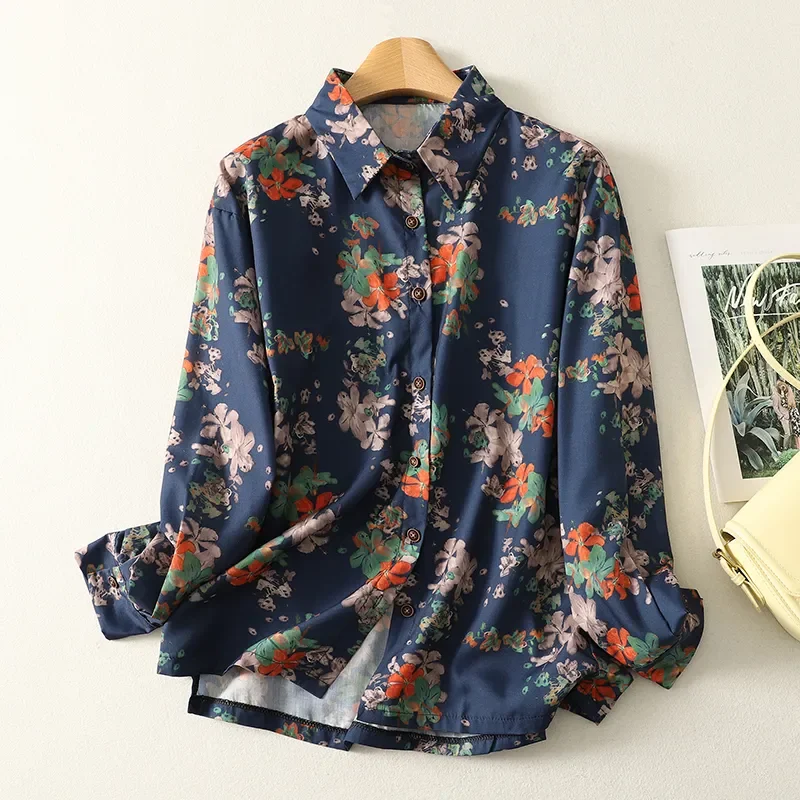 

Женская темно-синяя рубашка на пуговицах с длинными рукавами и цветочным принтом, свободная повседневная блузка
