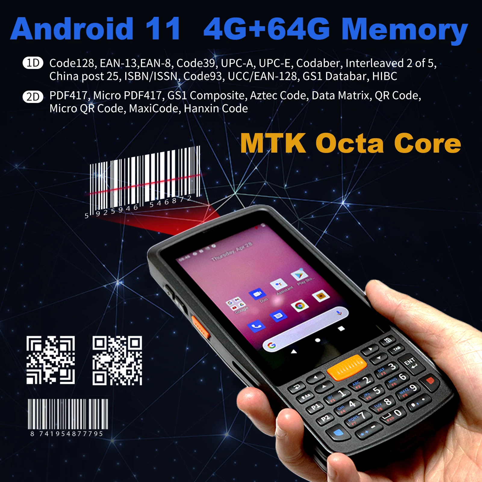 RUGLINE Android 11 touch screen handheld pda barcode scanner data collector qr code hand held PDA portable dhl package scanner