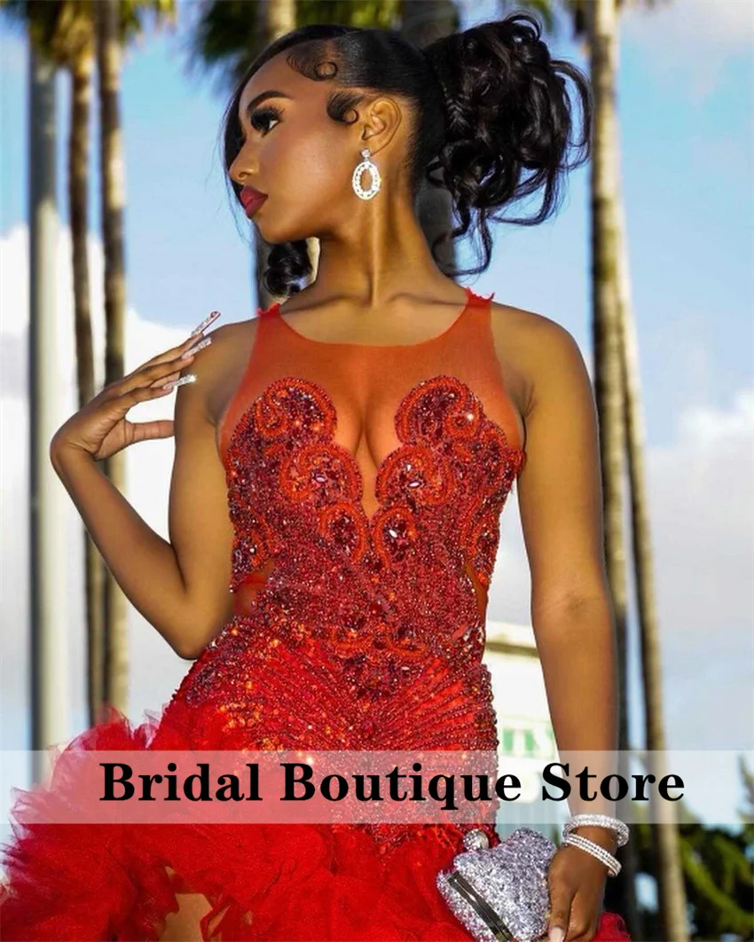 

2026 Luxury Red Mermaid Prom Dress Side Split Ruffles Tiered Glitter Beads Crystals Diamonds Birthday Party Gown Customized