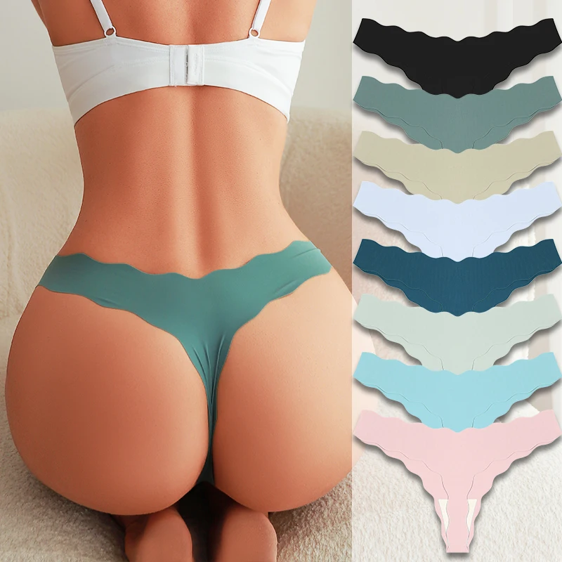 FINETOO 1Pc Women's Sexy Panties Ice Silk Satin Seamless Thongs Fashion Seamless Panties Sexy Lingerie Lady Wavy Edge G-Strings