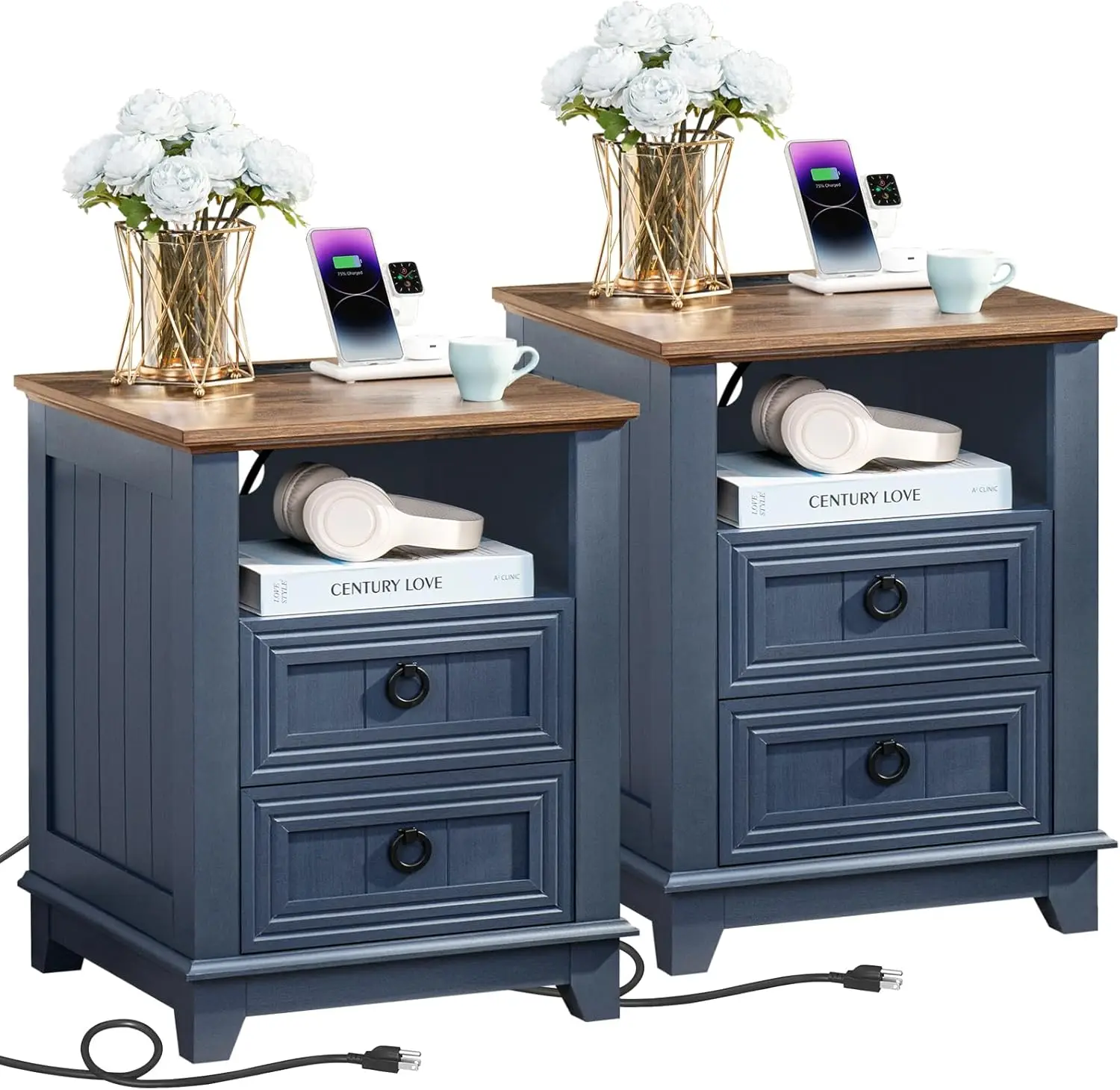 

18" Farmhouse Night Stands Set of 2 with Charging Station, 2 Drawers End Table Dresser for Bedroom, Blue Wooden Nightstand,