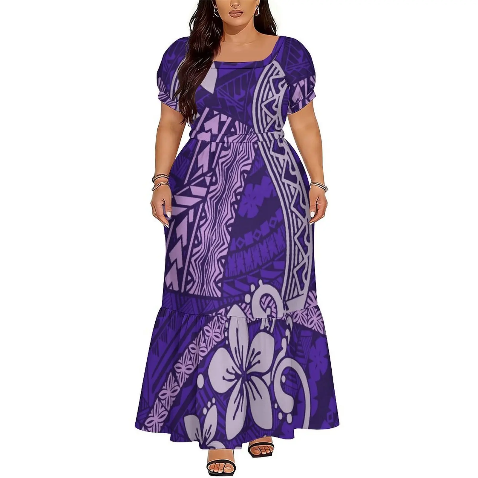 Customized Polynesian-Style Long Dress Tribal Print Square Neck Puffed Sleeve Design for Women's Vacation Dress