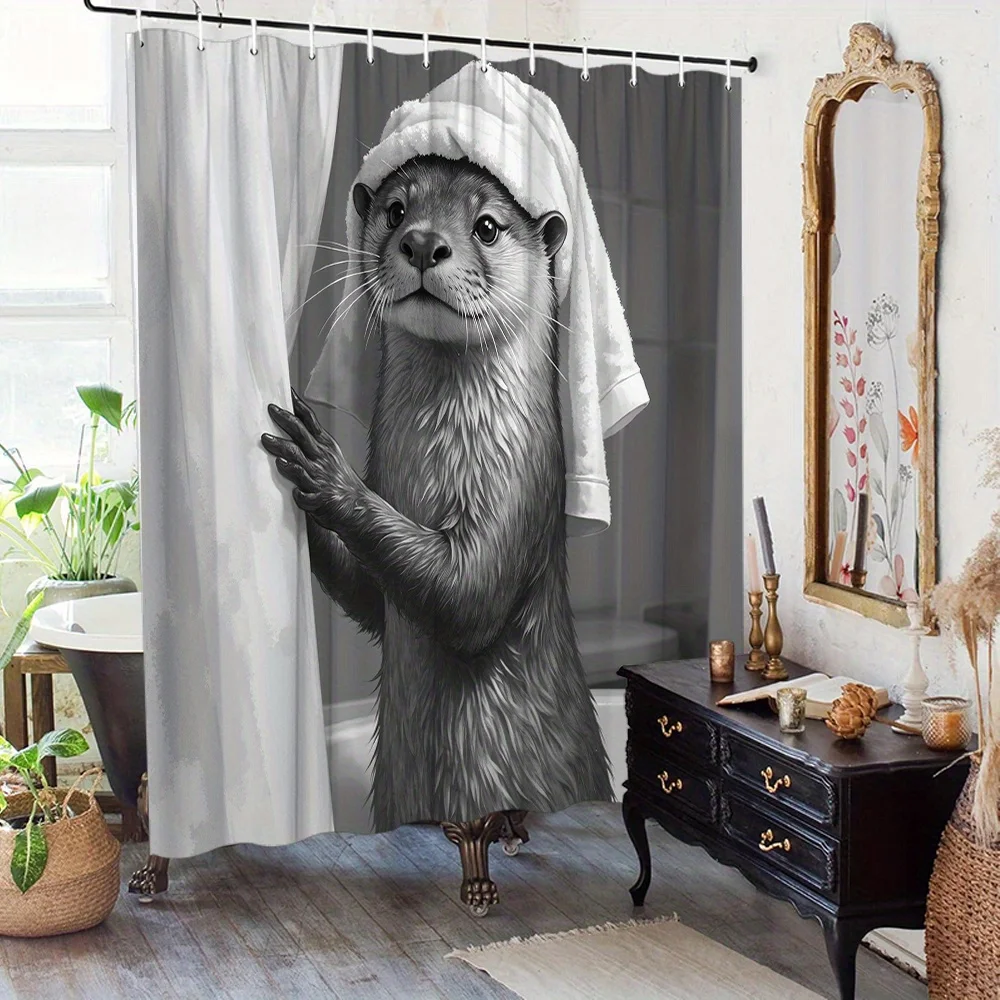 

Забавная шторка для душа с изображением выдры, стоящей на лапах, 1 шт. – Декор для ванной комнаты с полотенцами вокруг головы и лап, очень длинная, 70x70 дюймов, машинная стирка.