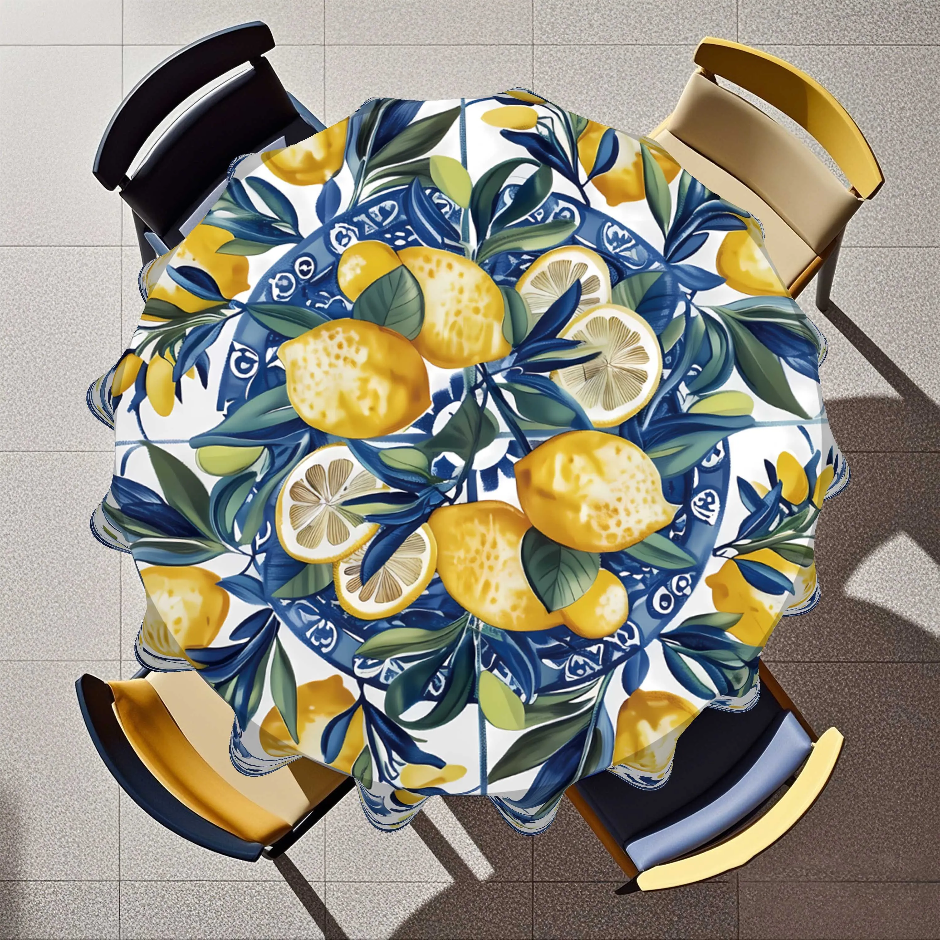 One Amalfi lemon round tablecloth, featuring 2D flat printing -