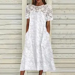 Women Elegant Beach Dress White Lace Stitching Embroidery Flower Summer Vintage Mini Dress Midi Dress Streetwear Vestidos Mujer