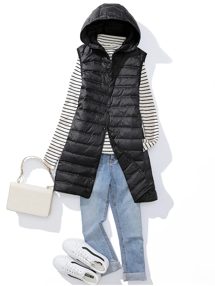 Winter-Entendaunenweste für Damen, ultraleicht, dünn, lange Kapuzenjacken, schmale Weste, lässige Basic-Parkas