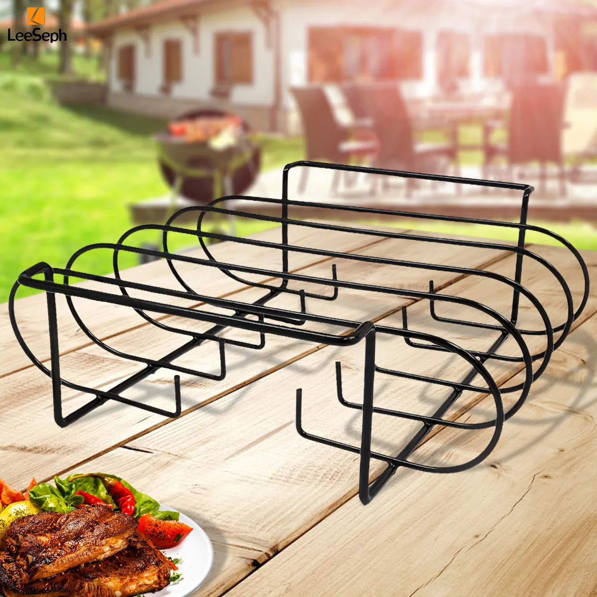 Leeseph Iron Rib and Steak Grill Rack, Non-Stick Coated Portable BBQ Rack, Perfect for Outdoor BBQ, Camping, Backyard Grilling