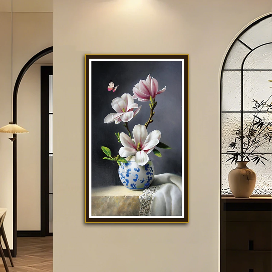 

New Chinese-Style Magnolia Blossom Vase Cross-Stitch Kit, Handmade DIY Embroidery Material Package, Pink and White Magnolia Blue-And-White Porcelain Vase, Precision Printing, Decorative Painting for Living Room and Study