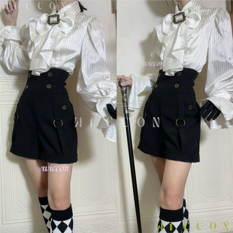 

Ouji Jirai Kei Lolita Prince Style Shirt Shorts Vintage Long Sleeve White Flared Stand Collar French Top Striped Palace Outfits