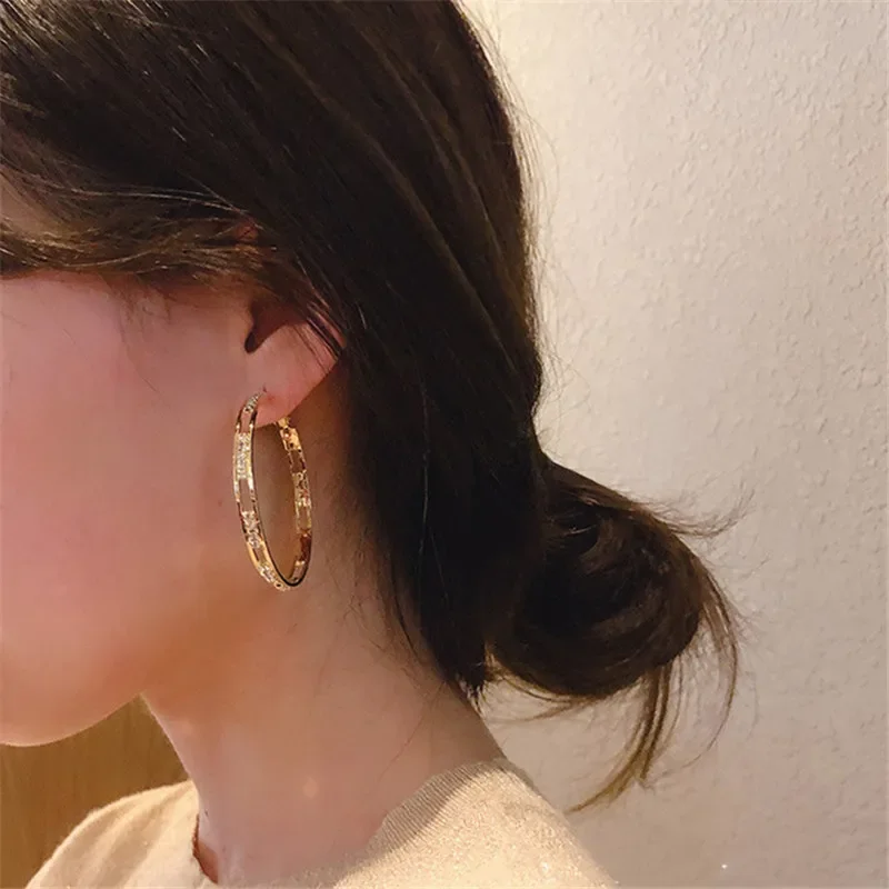 Luxury Female Big White Round Hoop Earrings Fashion Gold Color Color Wedding Earrings Double Zircon Stone Earrings For Women image 3