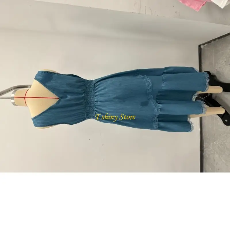 N58F Women's Elegant Lace Dress Elastic Ruched Bust Sleeveless V Neck Tie Front Drawstring Pleated A Line Swing Midi Dress For