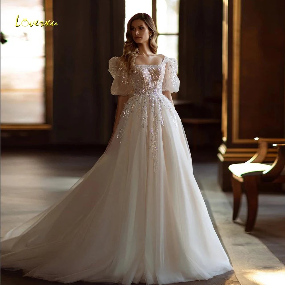 Loverxu A-Line Elegant Wedding Dresses 2024 Boat Neck Short Sleeve Vestido De Novia Lace Embroidery Exquisite Robe De Mariee