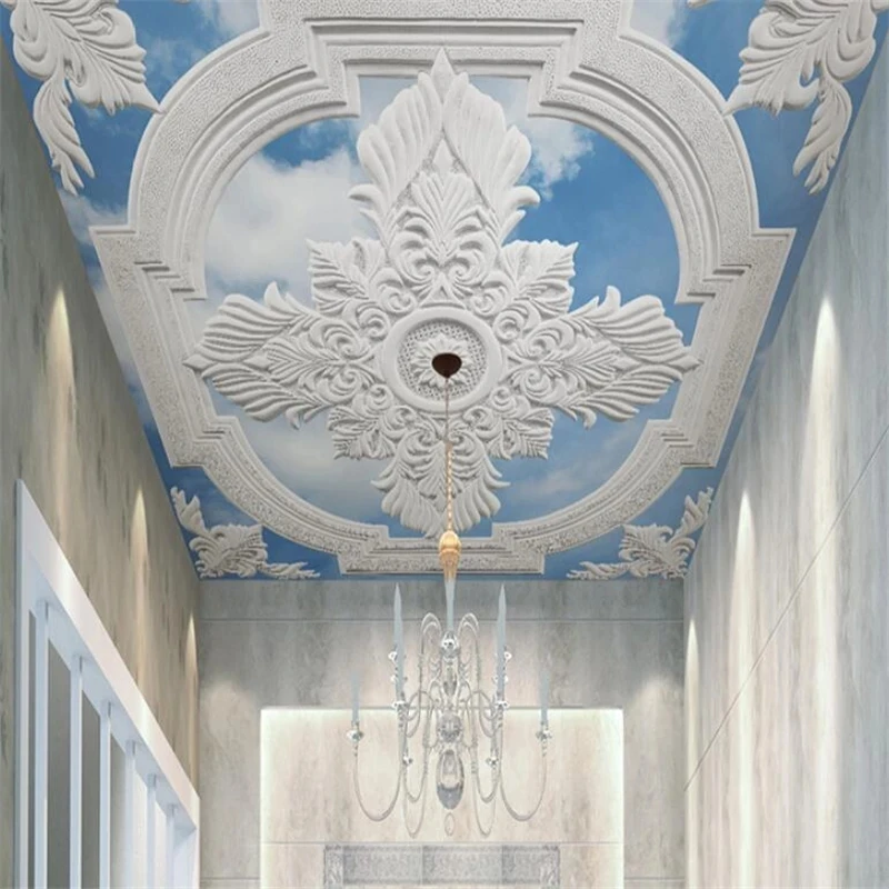 Customized wallpaper 3d white European-style carved blue sky white clouds mural ceiling TV background wall bedroom restaurant