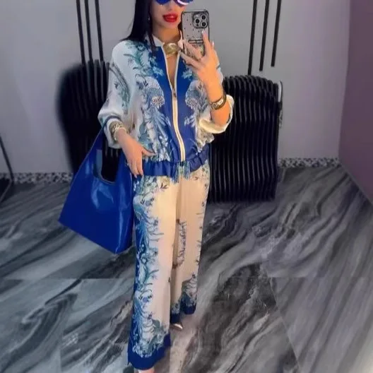 

Women Sets Coat Wide Leg Pants Flower Print 2 Piece Suit Drawstring Zipper 2025 Casual Jacket Outfits Trousers Muslim Tracksuit