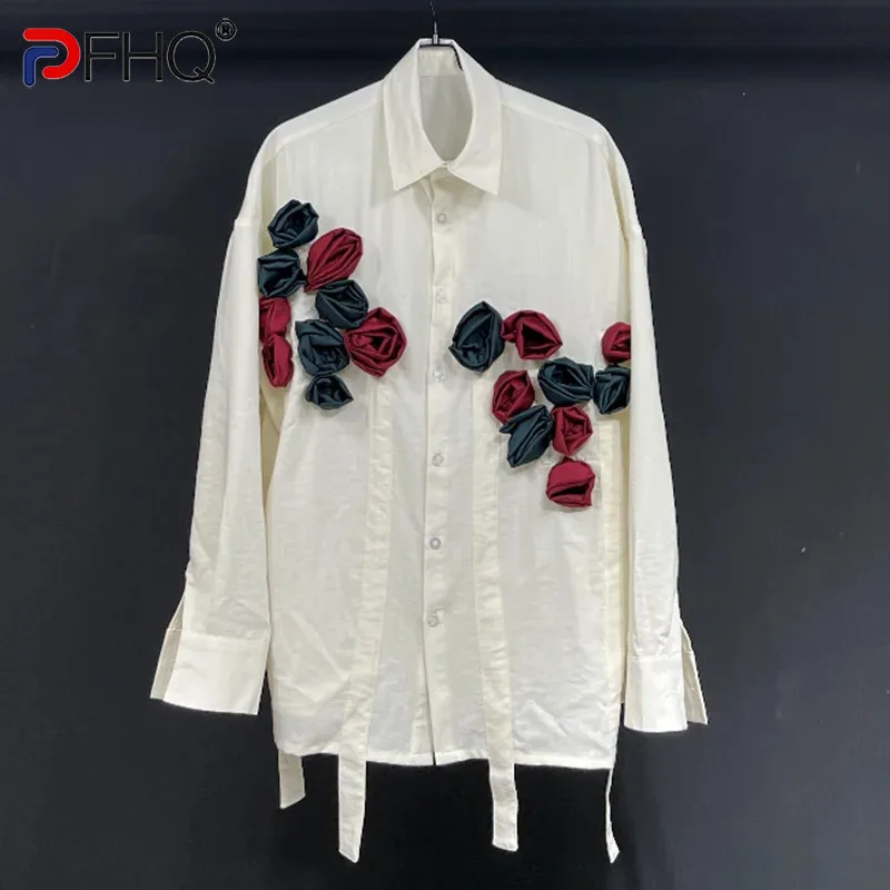 

PFHQ Autumn Men's Creativity Handmade Flower Kneading Rose Shirts Long Sleeve Versatile Breathable Delicacy Baggy Tops 21Z1135