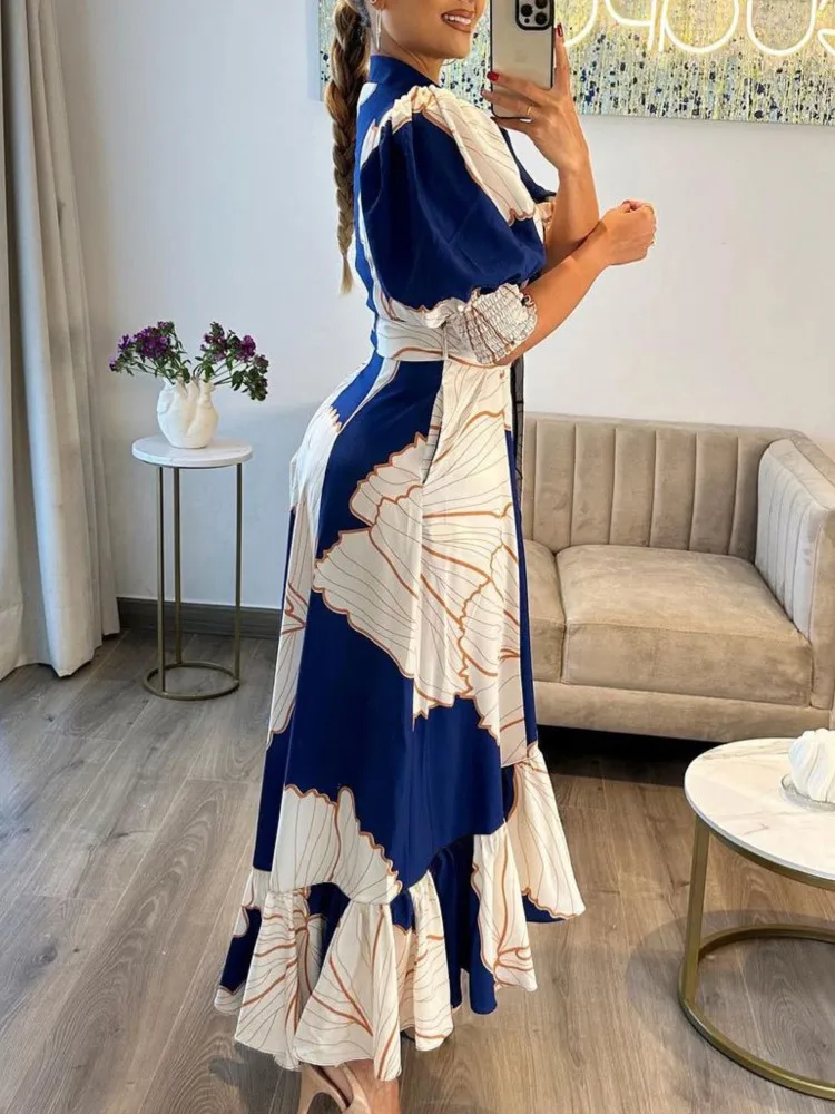 Spring Women With Button Cardigan Style Floral Printed Collar Single Breasted Ruffles Hem Female Vintage Beach Maxi Dress