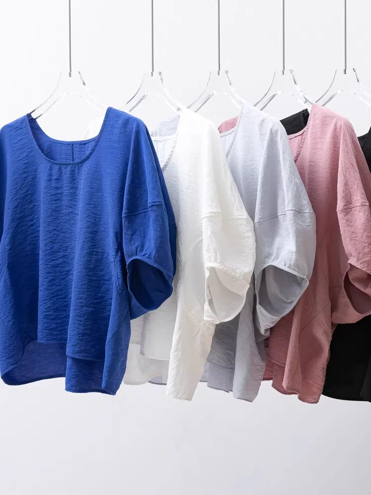 Birdtree, Women's 76% Silk 24% Nylon Tshirt, Drape Puff Sleeve O Necks Solid Top, Short Sleeves Shirt, 2025 Summer T55617JF