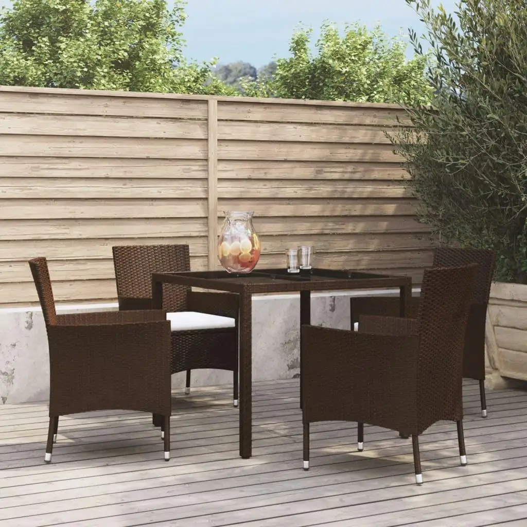 

5-Piece Brown Poly Rattan Patio Dining Set with Cushions - Stylish Outdoor Furniture