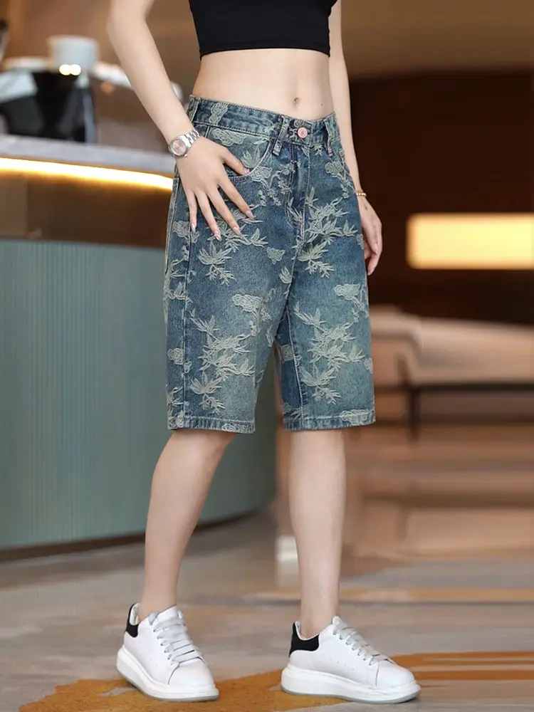 

Summer New Fashion Brand Embroidered Denim Shorts Men's American High Street Cool Straight Five-Point Pants Retro Versatile M...