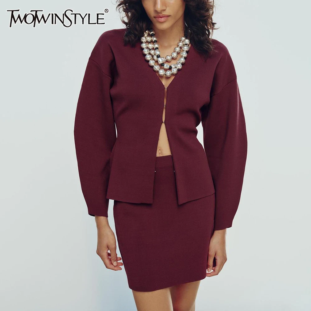 TWOTWINSTYLE Solid Two Piece Sets For Women v neck long sleeve spliced belt coat high waist temperament mini skirts set female