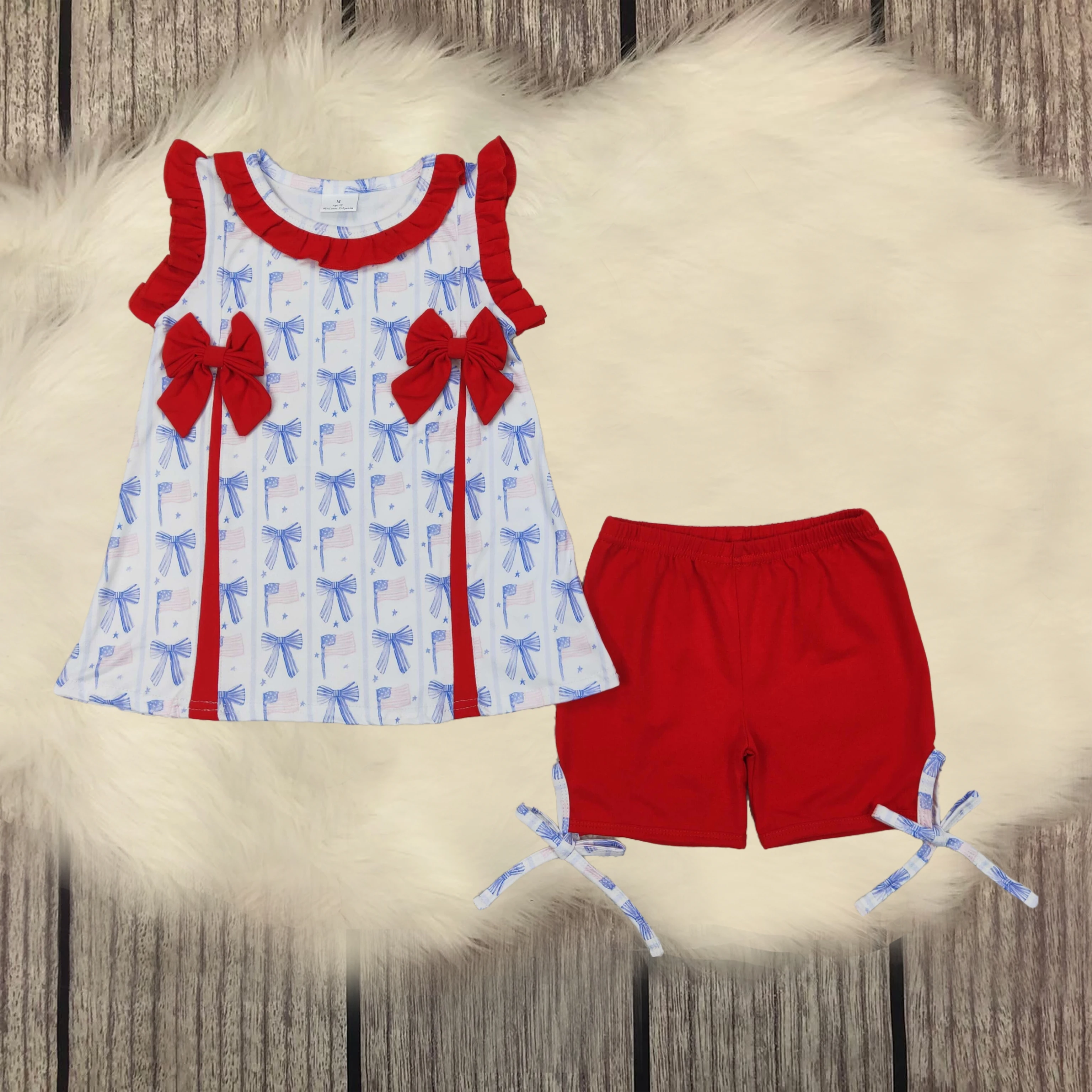 Wholesale Baby Girl Set Toddler Sleeveless Red Blue Bows Pocket Buttons Ruffle Shirt Shorts Kids Children Infant Clothes Outfit